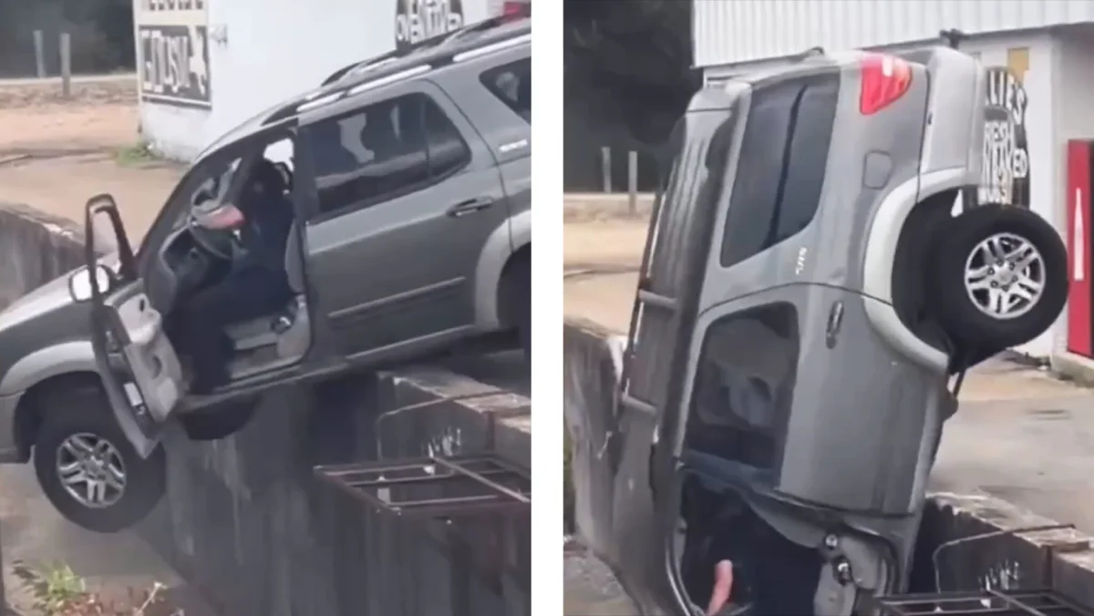 Rescue Attempt Goes Wrong: Bystanders Tip Dangling Sequoia Off Ledge, Driver Injured