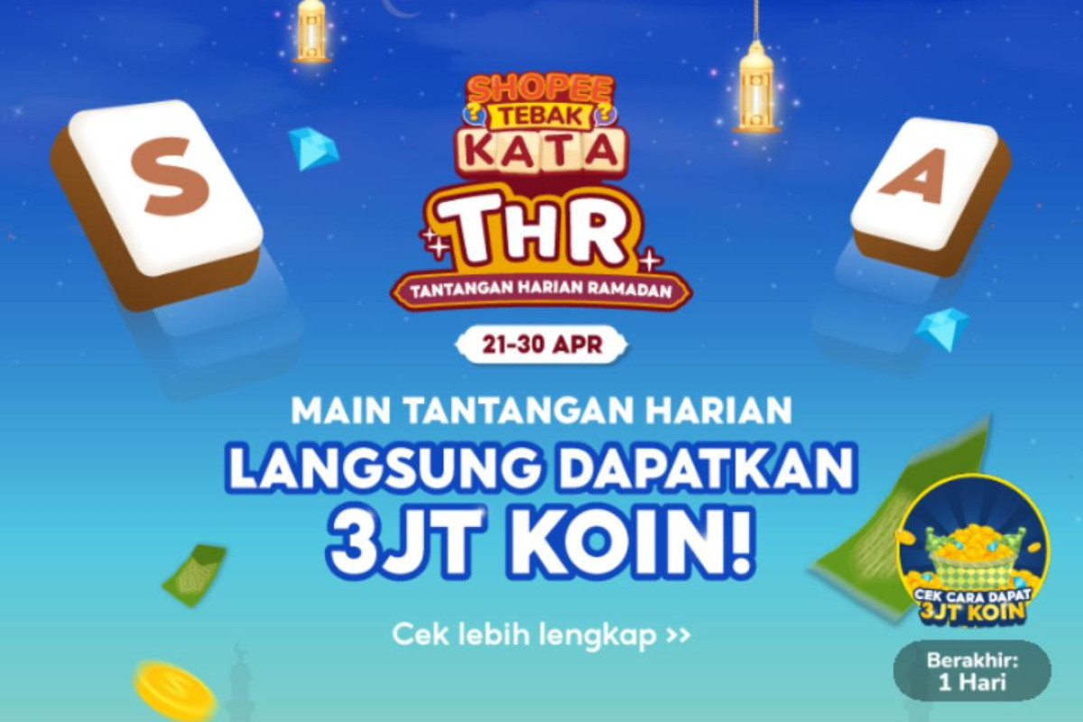 Kunci Jawaban Shopee Tebak Kata Tantangan Harian, Hari Ini Rabu, 3 Mei 2023 - Dompet Koin Emas dan Free Ongkir!